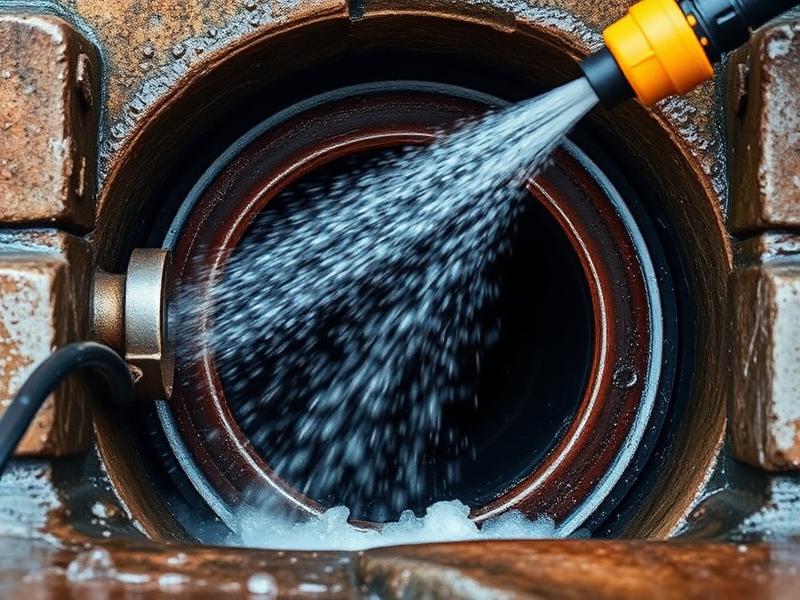 High-pressure drain jetting clearing a blocked drain